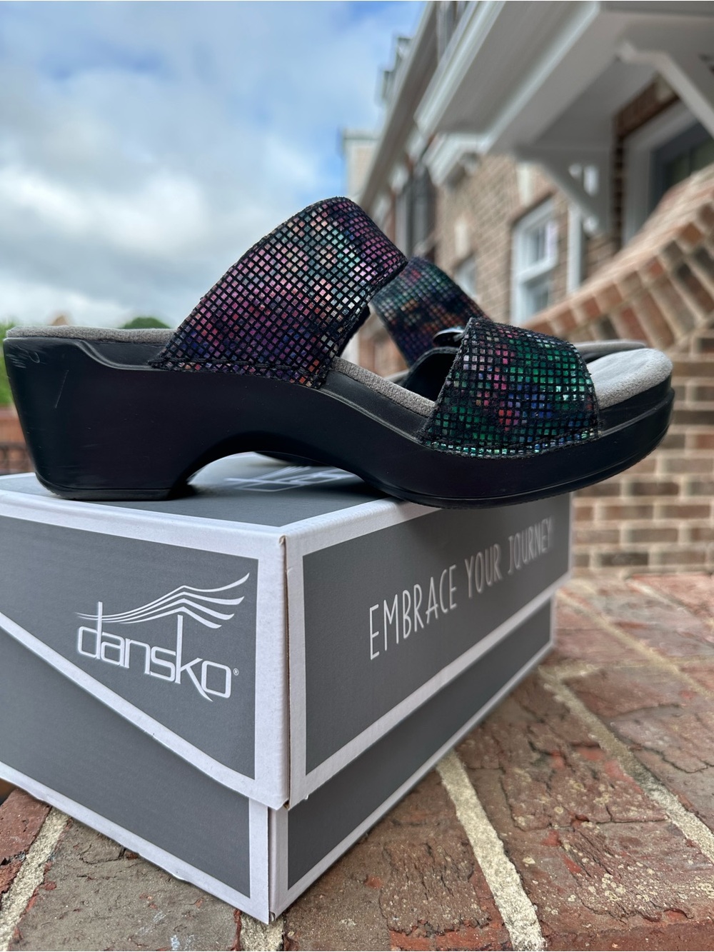 Dansko Black Slide Mules with Iridescent Multi-Color Upper
